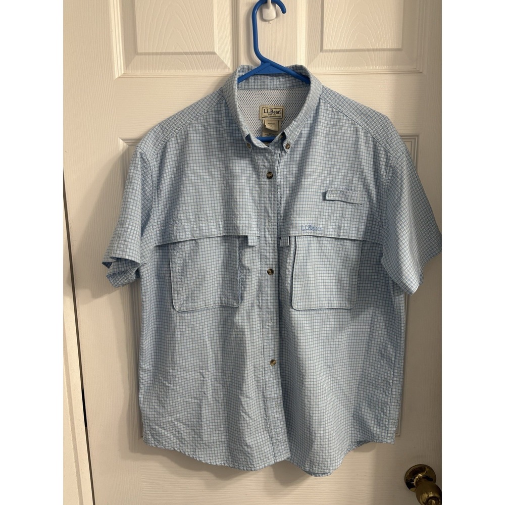 LL Bean Button Up Shirt Wmns L Blue Checkered Short Sleeve Vented Hiking Fishing